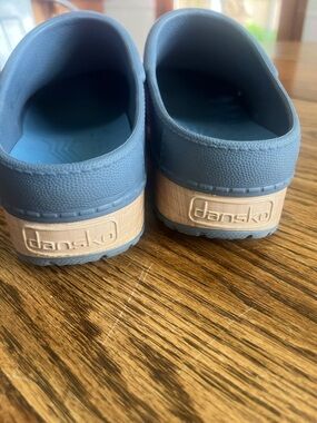 Dansko Kane Molded Blue Clogs with Tan Accent